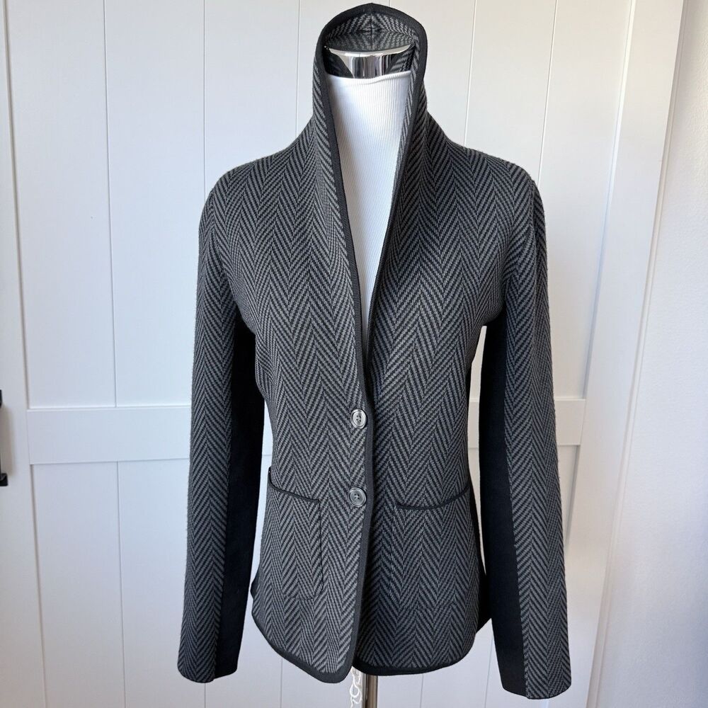 Margaret O'Leary 100% Merino Wool Knit Blazer Jacket Bacall Herringbone Gray M